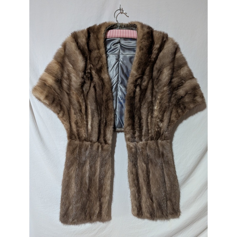 Vintage Genuine Mink Fur Stole Wrap Scarf Cape Brown Taupe Long Panels